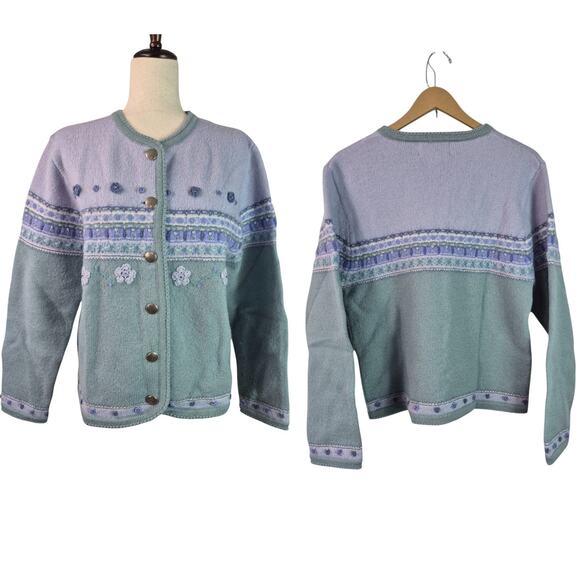 Tally Ho Lavender Green Floral Embroidered Vintage Wool Cardigan Sweater M - Picture 2 of 3